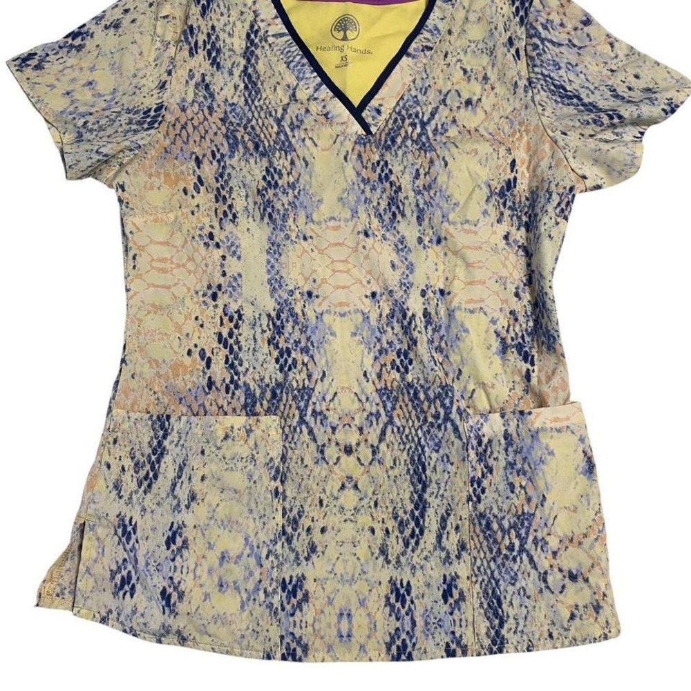 Healing Hands Blue and yellow womens XS snake print scrub top with pockets
